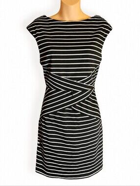 IZ Byer Size 9 Black White Striped Sheath Dress Stretch Career Office Casual